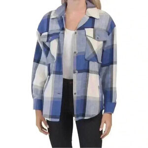 NWT ASHLEY BY 26 INTERNATIONAL Blue Plaid Plaid Long Shacket With Pockets Sz M